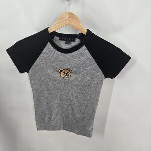 Faded Rose Gray Black Teddy Bear Y2K Ringer Baby Kawaii 90s Crop Tee XS